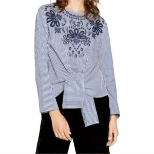 Zara Navy Blue Stripe Embroidered Tie Front Long Sleeve Top XS